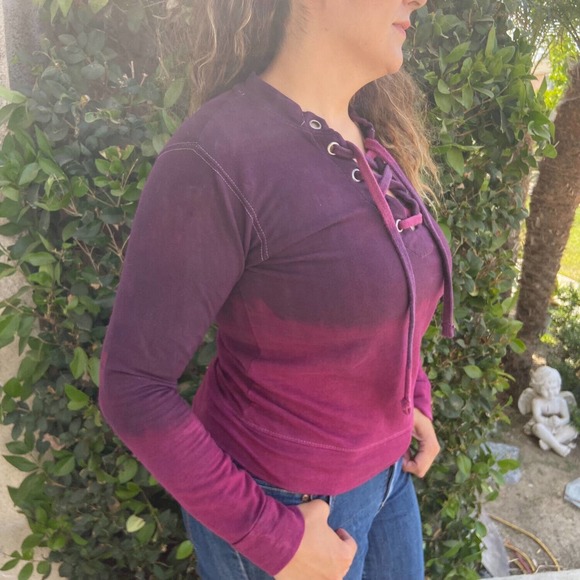 ReDyed Lace Up Sweatshirt Wine Red to Magenta Ombre - Picture 2 of 4